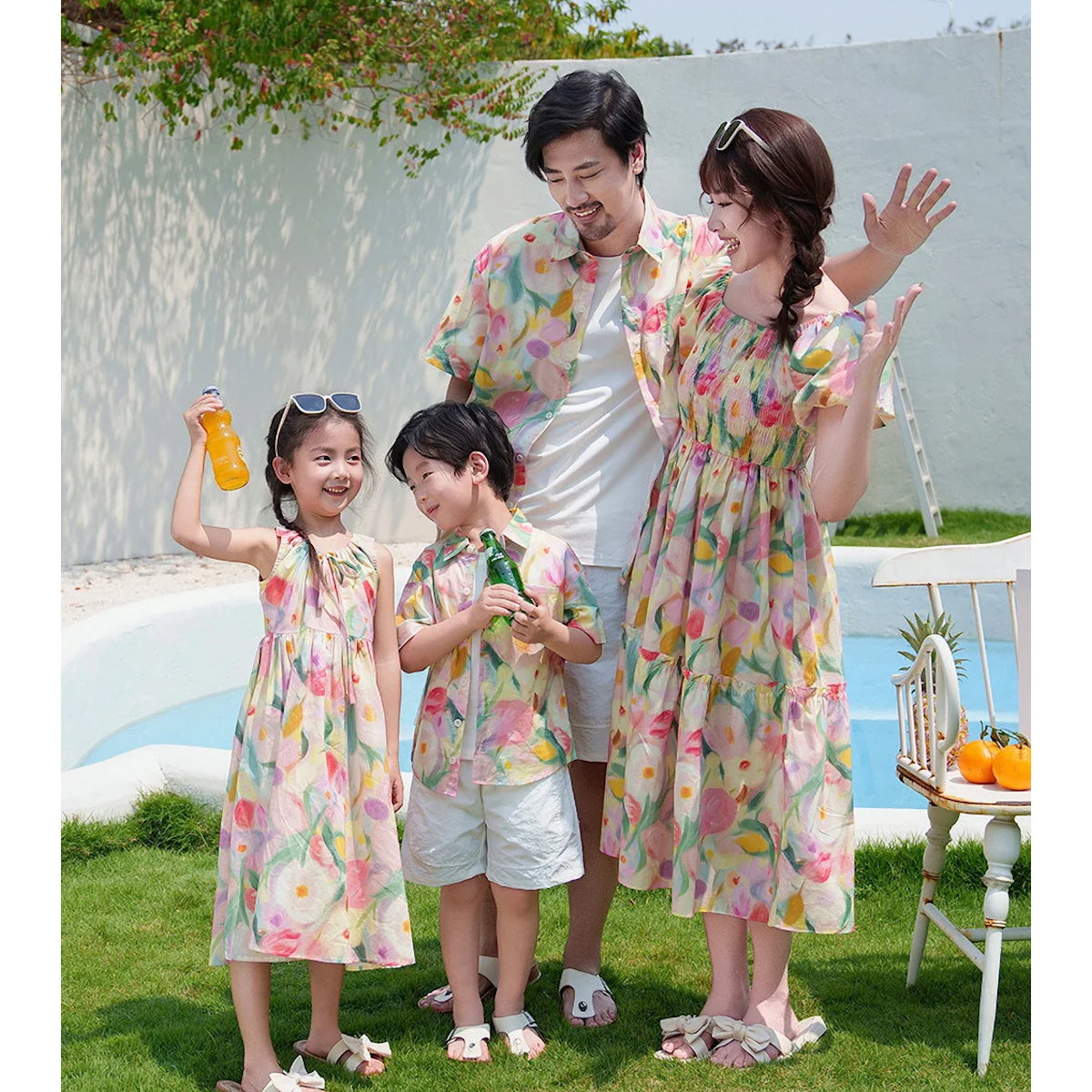 Flower Print Halter Front Shirred Dress Shirts and Shorts for Whole Family - ChildAngle