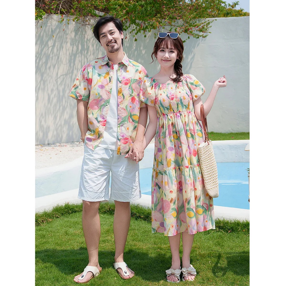 Flower Print Halter Front Shirred Dress Shirts and Shorts for Whole Family - ChildAngle