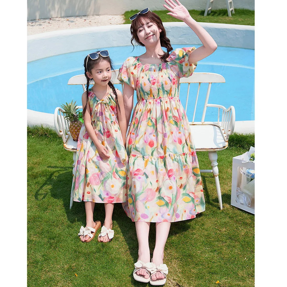 Flower Print Halter Front Shirred Dress Shirts and Shorts for Whole Family - ChildAngle