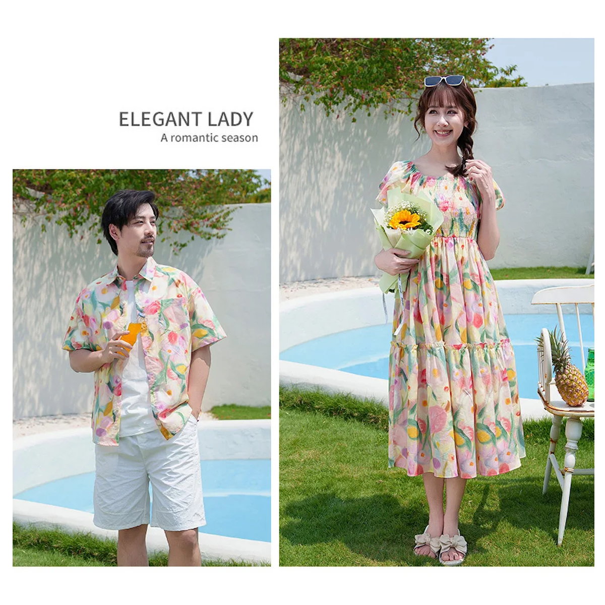 Flower Print Halter Front Shirred Dress Shirts and Shorts for Whole Family - ChildAngle