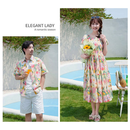 Flower Print Halter Front Shirred Dress Shirts and Shorts for Whole Family - ChildAngle