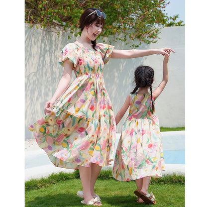 Flower Print Halter Front Shirred Dress Shirts and Shorts for Whole Family - ChildAngle
