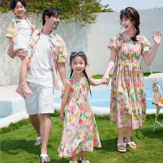 Flower Print Halter Front Shirred Dress Shirts and Shorts for Whole Family - ChildAngle