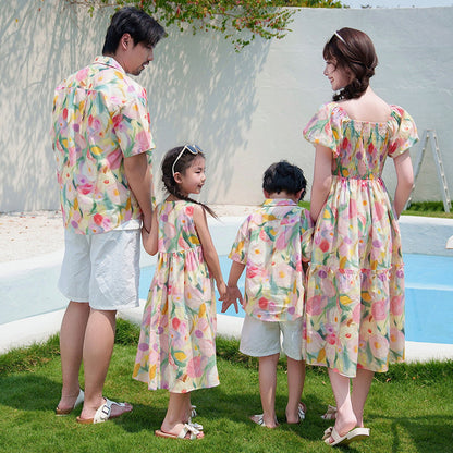 Flower Print Halter Front Shirred Dress Shirts and Shorts for Whole Family - ChildAngle
