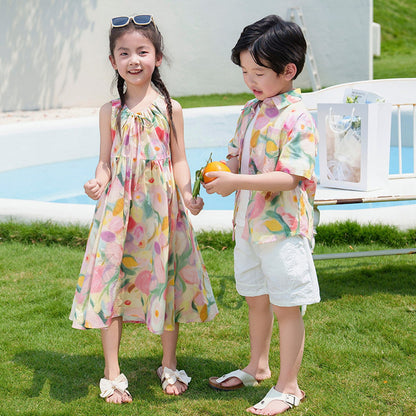Flower Print Halter Front Shirred Dress Shirts and Shorts for Whole Family - ChildAngle