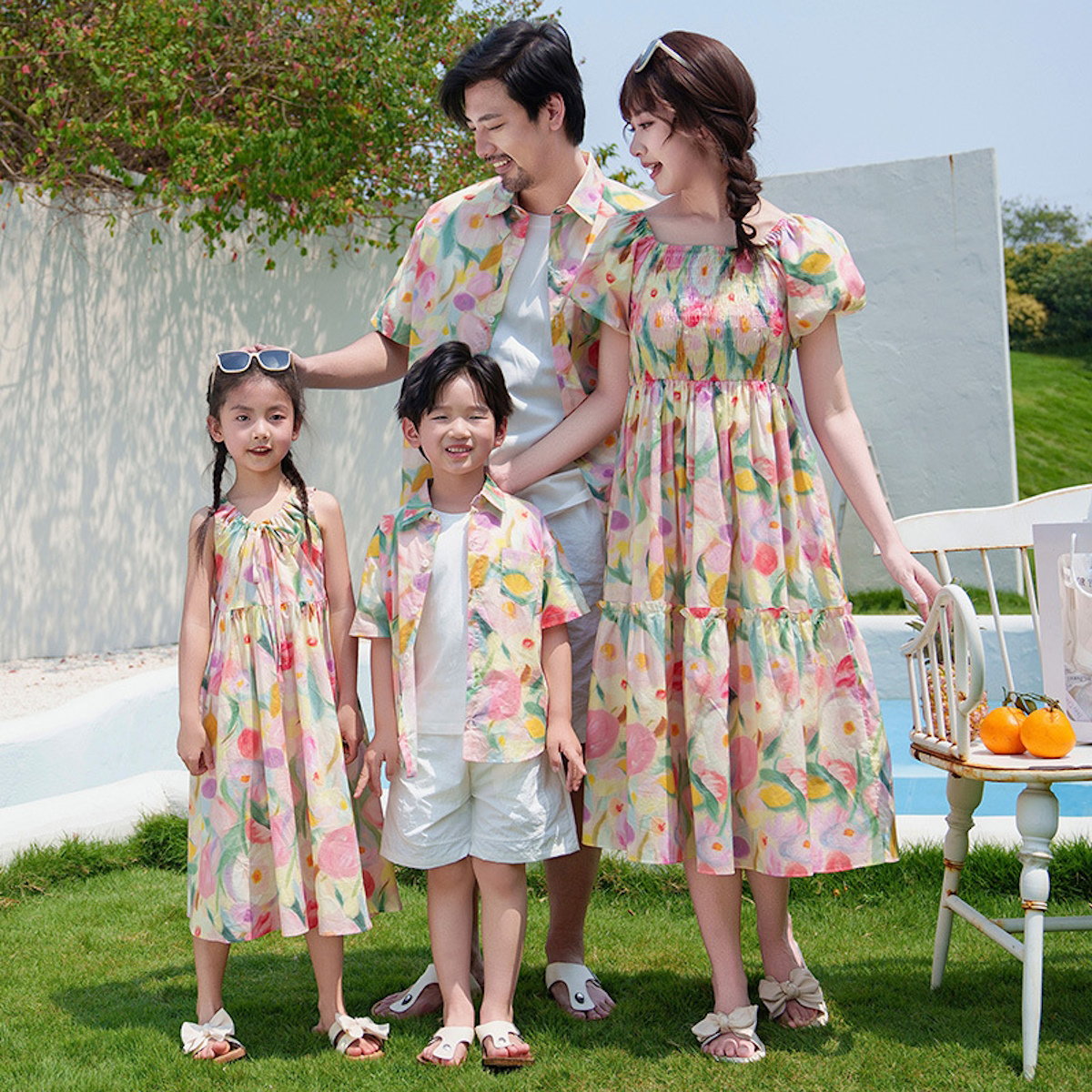 Flower Print Halter Front Shirred Dress Shirts and Shorts for Whole Family - ChildAngle