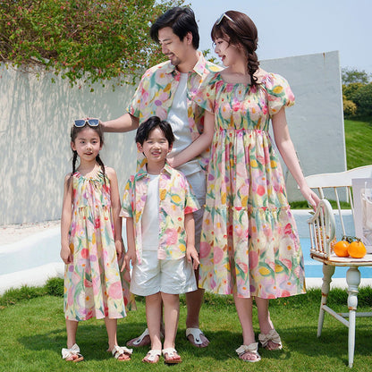 Flower Print Halter Front Shirred Dress Shirts and Shorts for Whole Family - ChildAngle