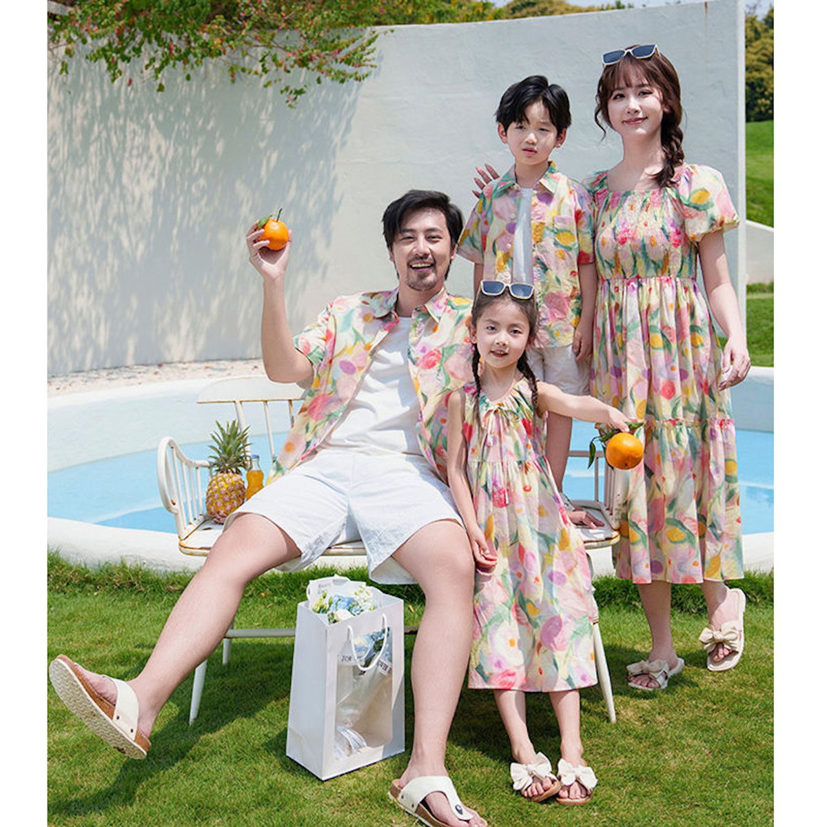 Flower Print Halter Front Shirred Dress Shirts and Shorts for Whole Family - ChildAngle