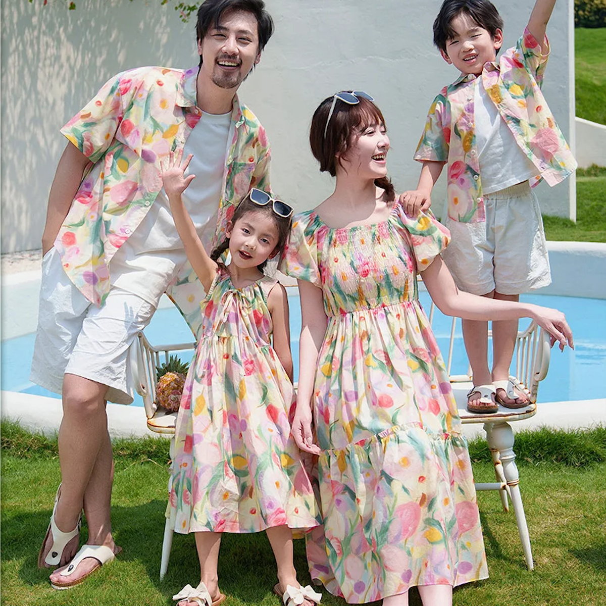 Flower Print Halter Front Shirred Dress Shirts and Shorts for Whole Family - ChildAngle