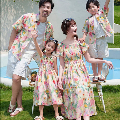 Flower Print Halter Front Shirred Dress Shirts and Shorts for Whole Family - ChildAngle