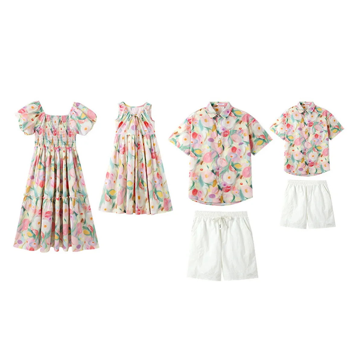Flower Print Halter Front Shirred Dress Shirts and Shorts for Whole Family - ChildAngle