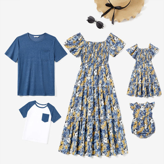 Family Matching Outfits Solid Color Blue Raglan Matching Family Shirts and Floral Shirred Tiered Dress - ChildAngle