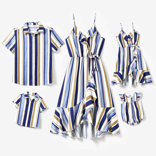 Family Matching Outfits Stripe Matching Family Shirts and Ruffle Neck Overlap Flutter Trim Ruffle Hem Breastfeeding Dress - ChildAngle