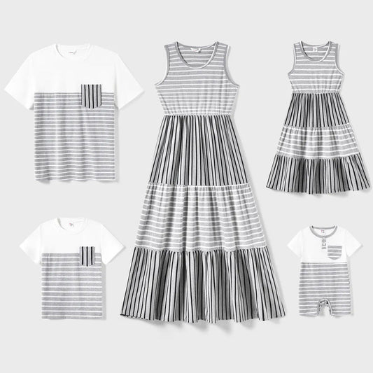 Family Matching Outfits Striped Colorblock Matching T-Shirts and Cotton Striped Tank Top A Line Dress - ChildAngle