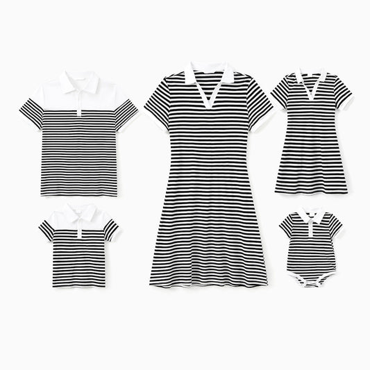 Family Matching Outfits Striped Matching Family Shirts and Stripe V Neck Short Sleeve Dress - ChildAngle