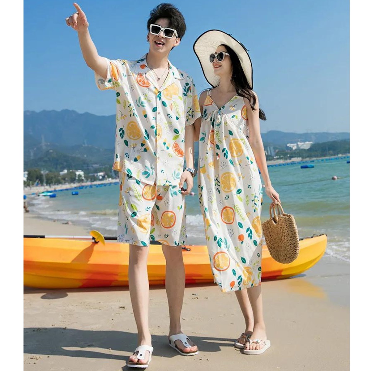Two people in matching beach outfits with fruit patterns  - ChildAngle Family Matching Outfits Set