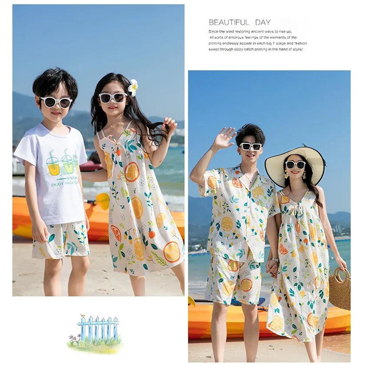 Two children and a couple in matching outfits with fruit patterns  - ChildAngle Family Matching Outfits Set