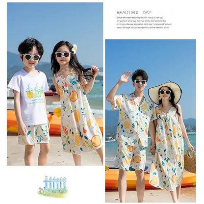 Two children and a couple in matching outfits with fruit patterns  - ChildAngle Family Matching Outfits Set