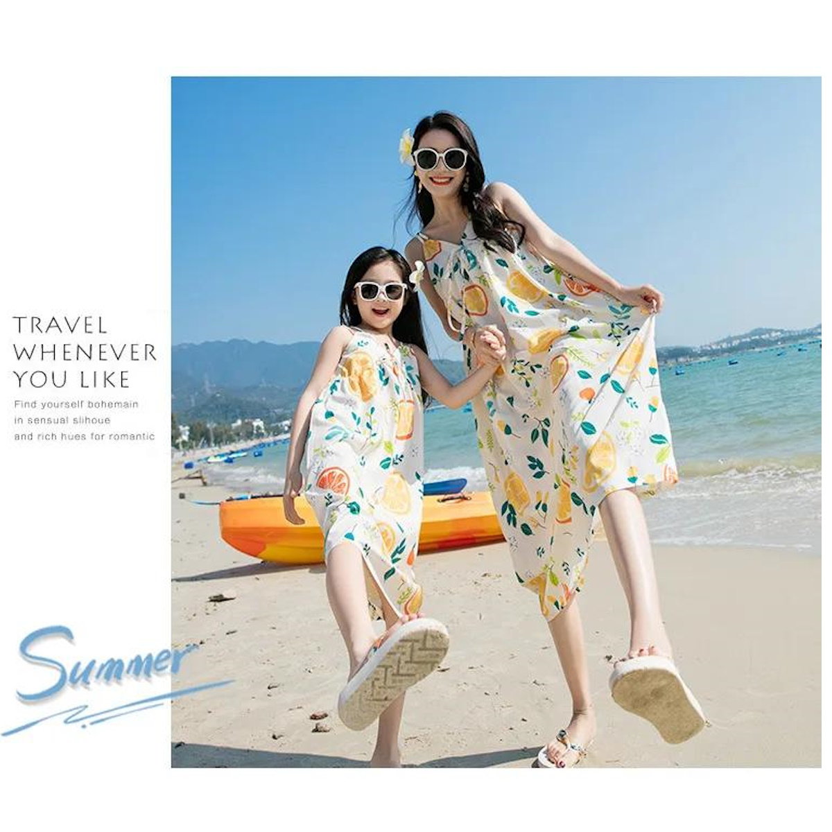 Two women in matching dresses with fruit patterns  - ChildAngle Family Matching Outfits Set