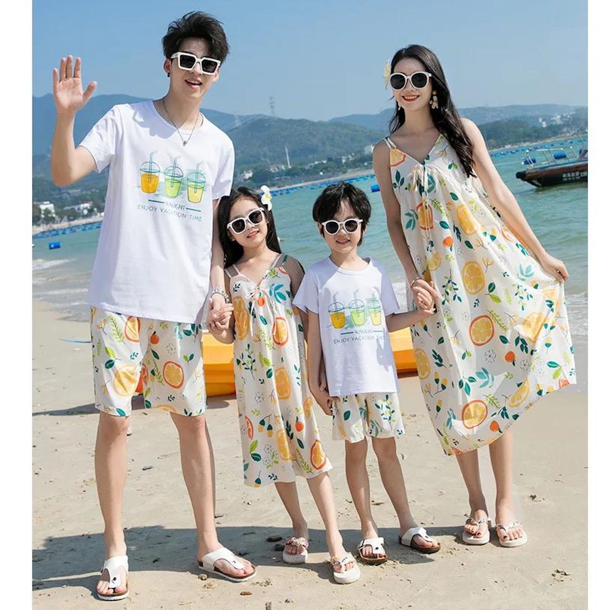 Family of four wearing matching outfits with fruit patterns  - ChildAngle Family Matching Outfits Set