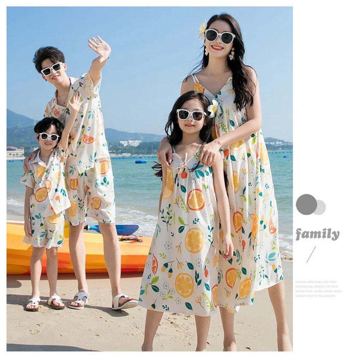 Family of four in matching dresses with fruit pattern  - ChildAngle Family Matching Outfits Set
