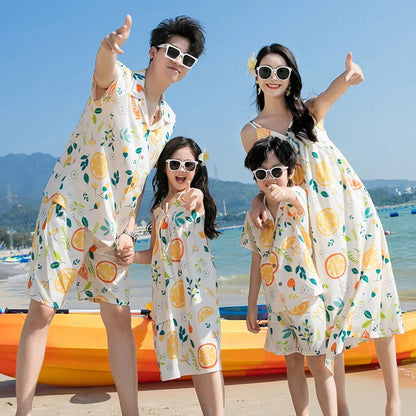Family of four in matching fruit-patterned dresses - ChildAngle Family Matching Outfits Set