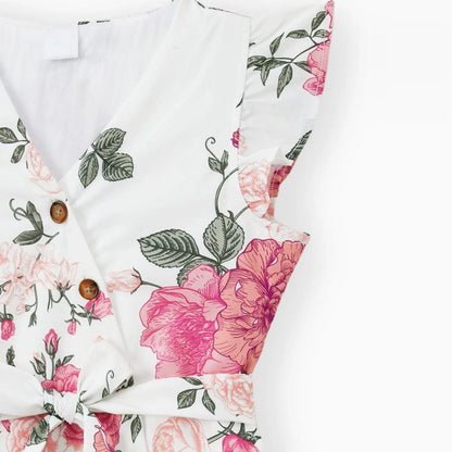 Family Matching Outfits Tropical Floral Wrap Dress Colorblock T-Shirts - ChildAngle