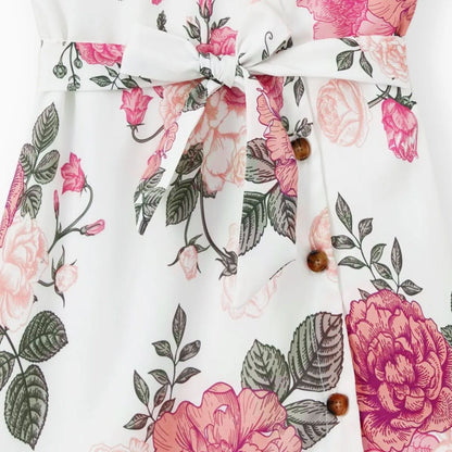 Family Matching Outfits Tropical Floral Wrap Dress Colorblock T-Shirts - ChildAngle