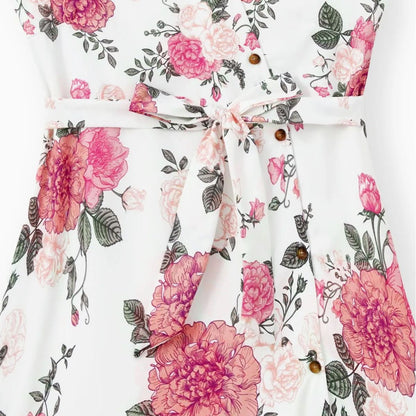 Family Matching Outfits Tropical Floral Wrap Dress Colorblock T-Shirts - ChildAngle