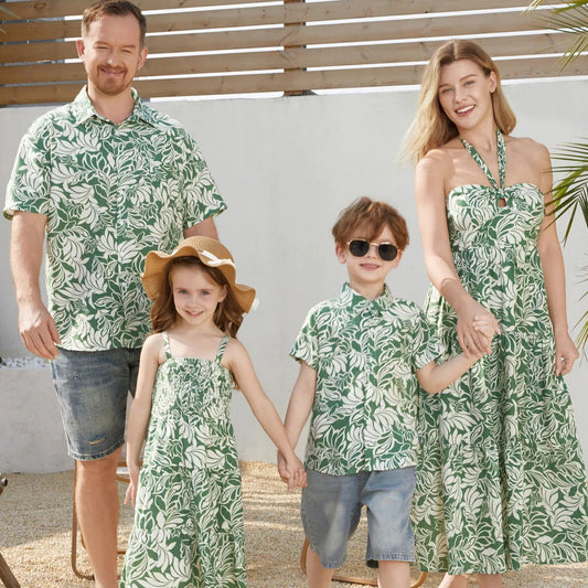 Family Matching Outfits Tropical Leaf Matching Family Shirts and Dress with Palm Leaves Print - ChildAngle