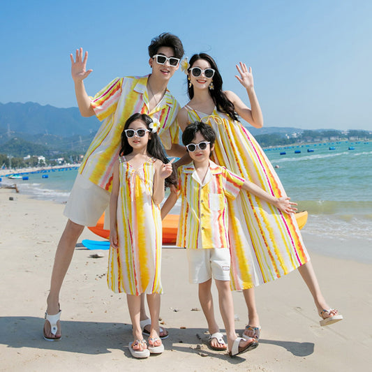 Family matching yellow and white striped outfits - ChildAngle Family Beach Matching Outfits