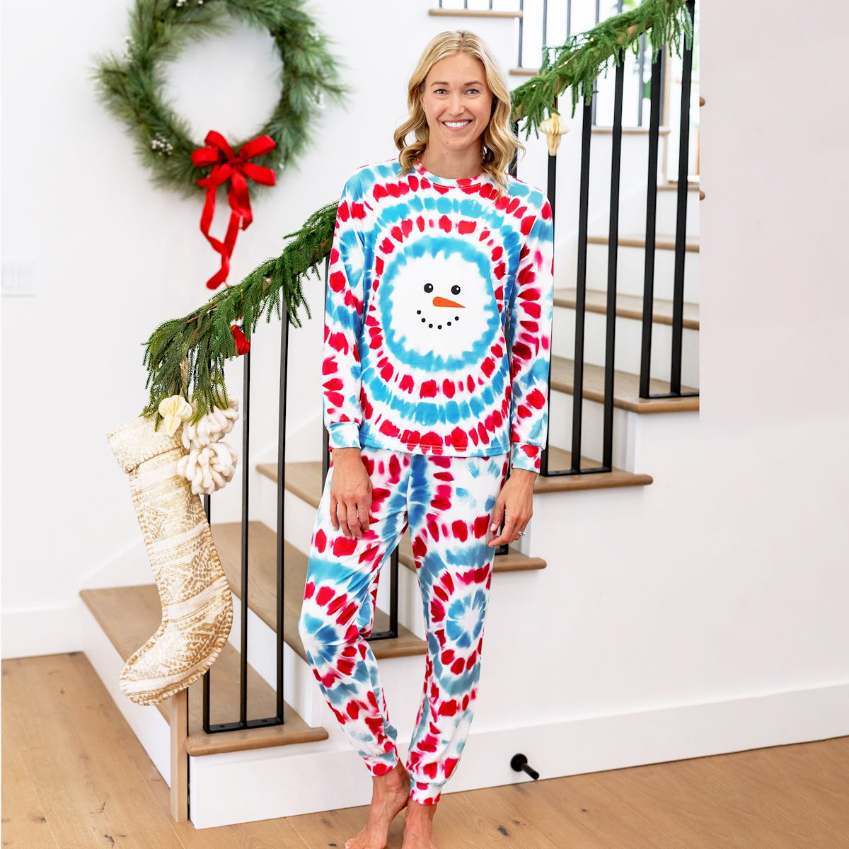 Red and Blue Tie Dye Snowman Family Matching Pajamas Christmas Sleepwear - ChildAngle