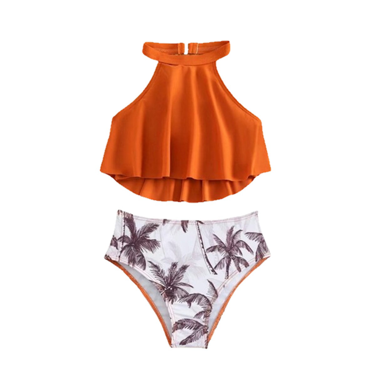 Mother and Daughter Orange Bikini Top Palm Tree Bikini Bottom and Father and Son Matching Orange Colorblock Stripe Swim Trunks - ChildAngle Orange Tropical Floral Bikini Set