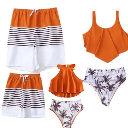 Mother and Daughter Orange Bikini Top Palm Tree Bikini Bottom and Father and Son Matching Orange Colorblock Stripe Swim Trunks - ChildAngle Orange Tropical Floral Bikini Set
