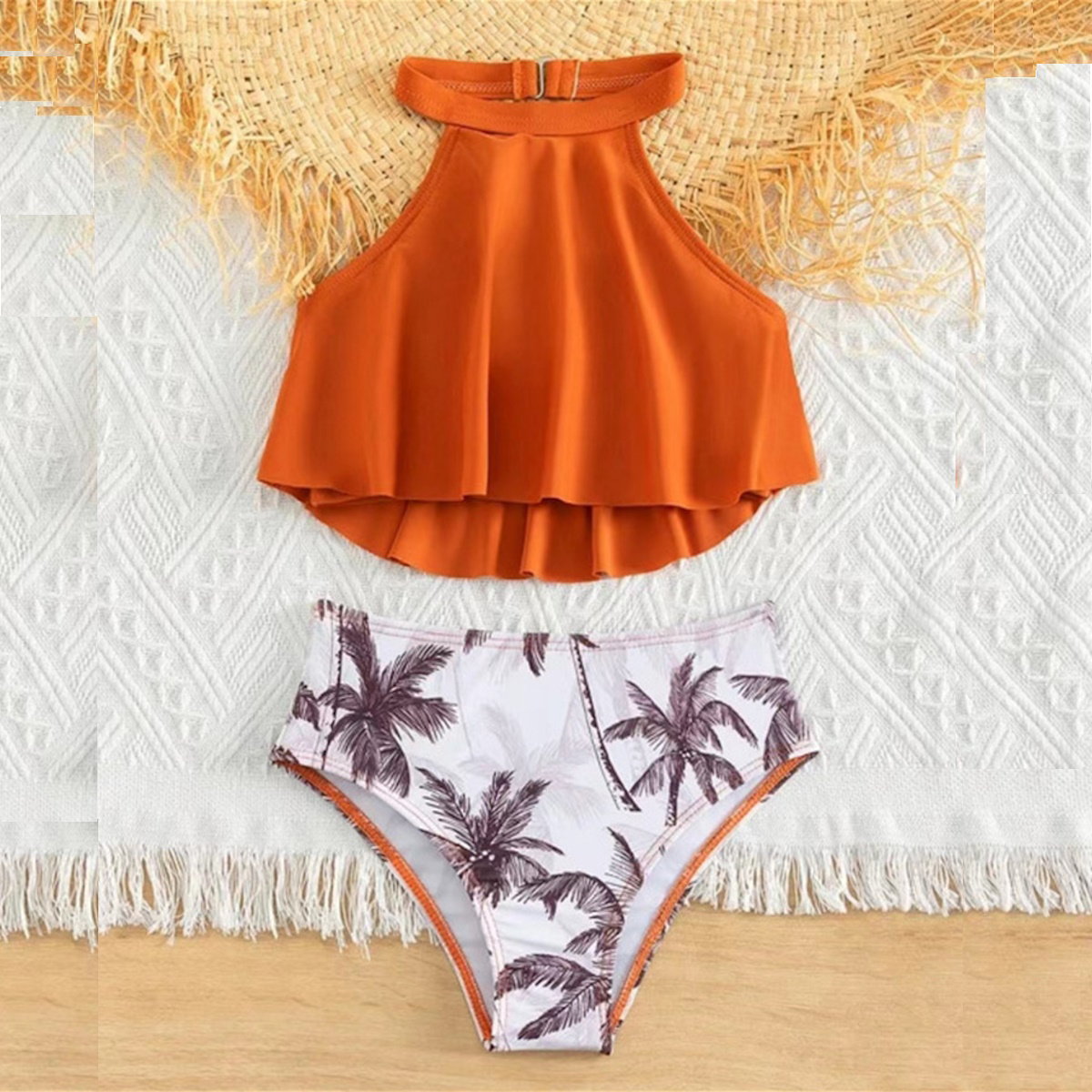 Mother and Daughter Orange Bikini Top Palm Tree Bikini Bottom and Father and Son Matching Orange Colorblock Stripe Swim Trunks - ChildAngle Orange Tropical Floral Bikini Set