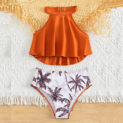 Mother and Daughter Orange Bikini Top Palm Tree Bikini Bottom and Father and Son Matching Orange Colorblock Stripe Swim Trunks - ChildAngle Orange Tropical Floral Bikini Set