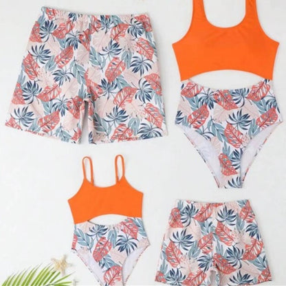 Family Matching Swimsuits Tropical Leaf Orange Cutout One Piece Swimsuit - ChildAngle Family Matching Swimsuits