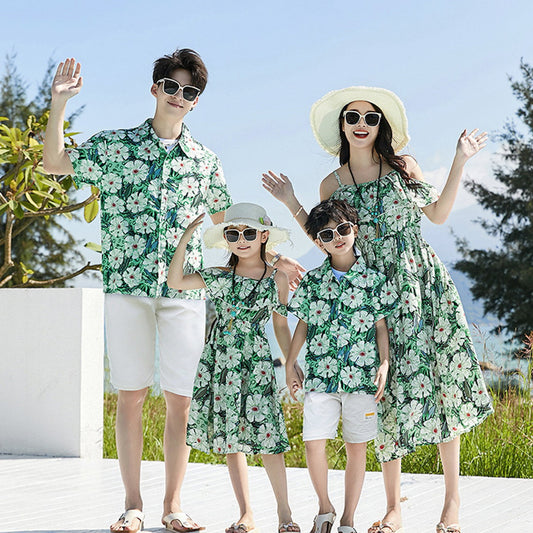 Family Matching Outfits Green Ruffle Flower Off Shoulder Dresses and Green Flower Print Polo Shirts and Shorts - ChildAngle