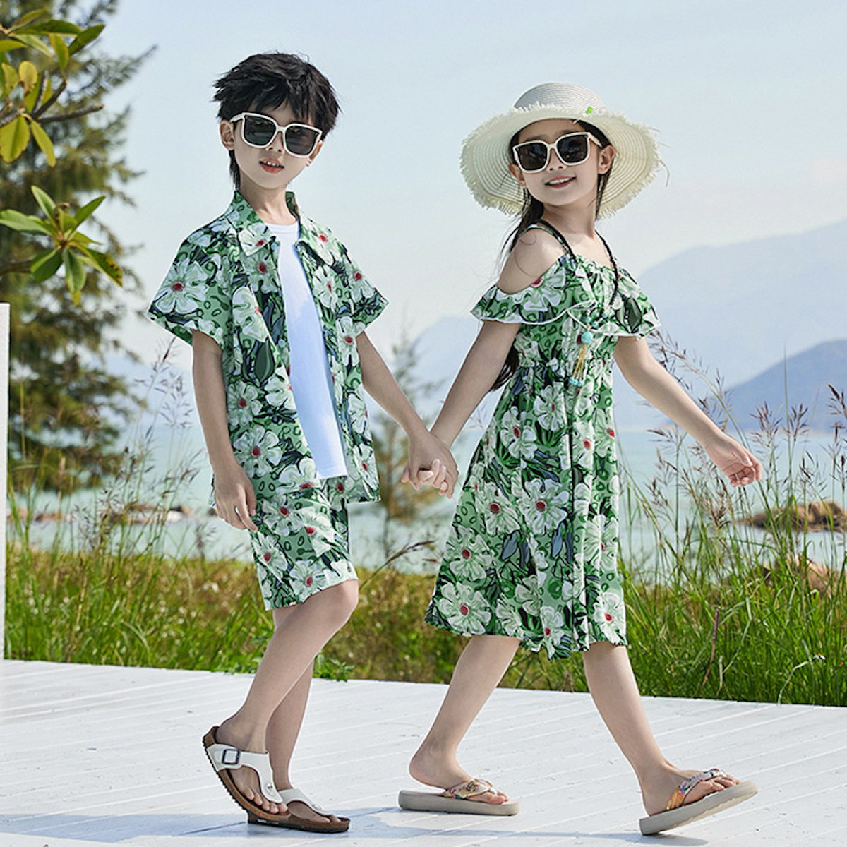 Family Matching Outfits Green Ruffle Flower Off Shoulder Dresses and Green Flower Print Polo Shirts and Shorts - ChildAngle