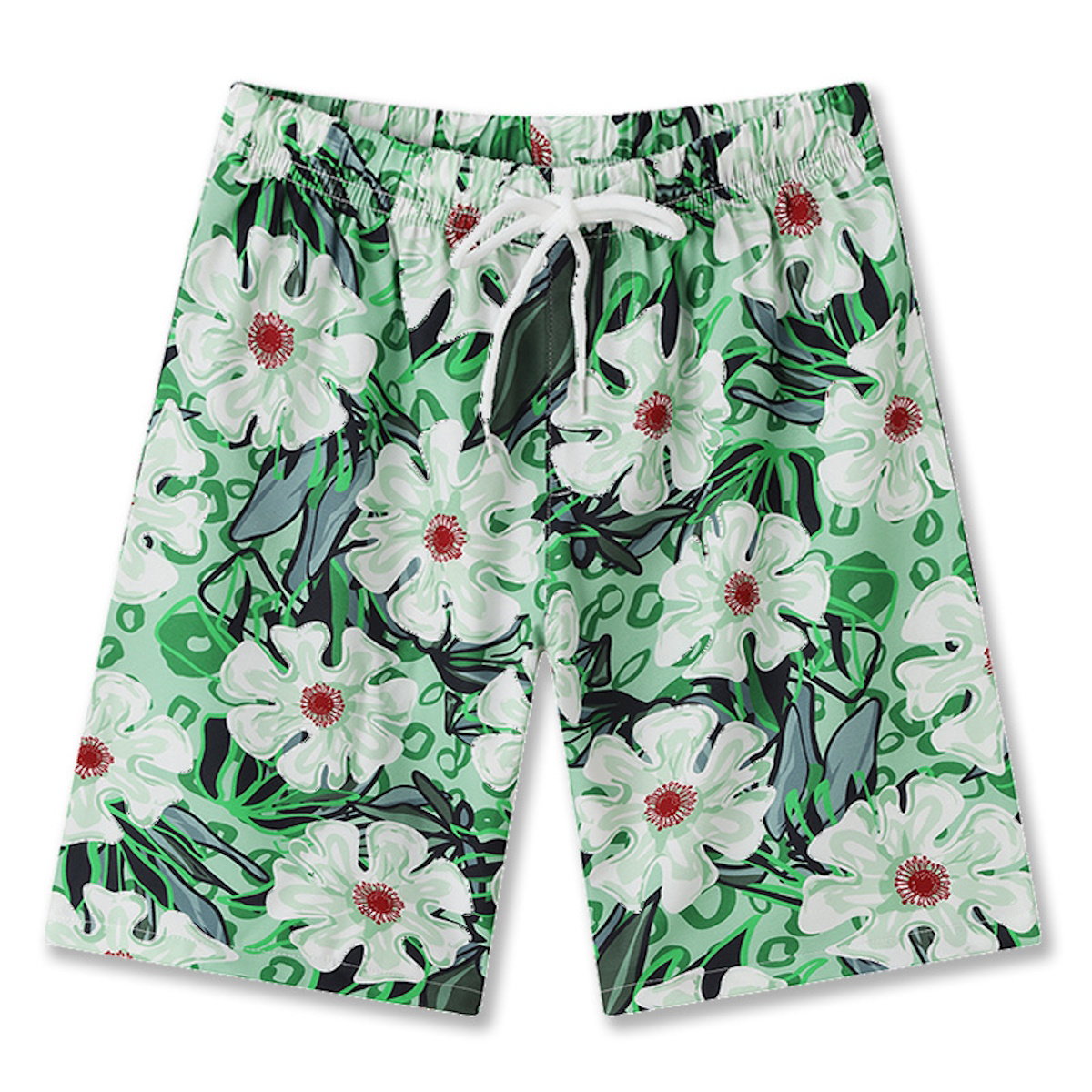 Family Matching Outfits Green Ruffle Flower Off Shoulder Dresses and Green Flower Print Polo Shirts and Shorts - ChildAngle