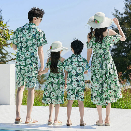 Family Matching Outfits Green Ruffle Flower Off Shoulder Dresses and Green Flower Print Polo Shirts and Shorts - ChildAngle