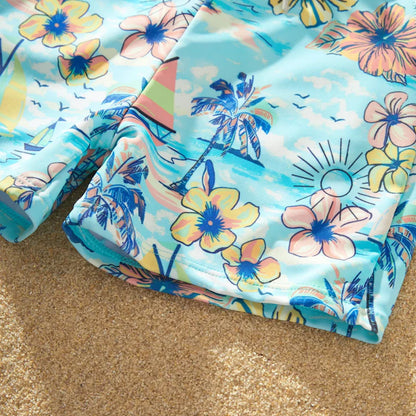 Flower Print Neck Tie Spaghetti Strap Two Pieces Matching Swimsuits and Drawstring Swim Trunks - ChildAngle