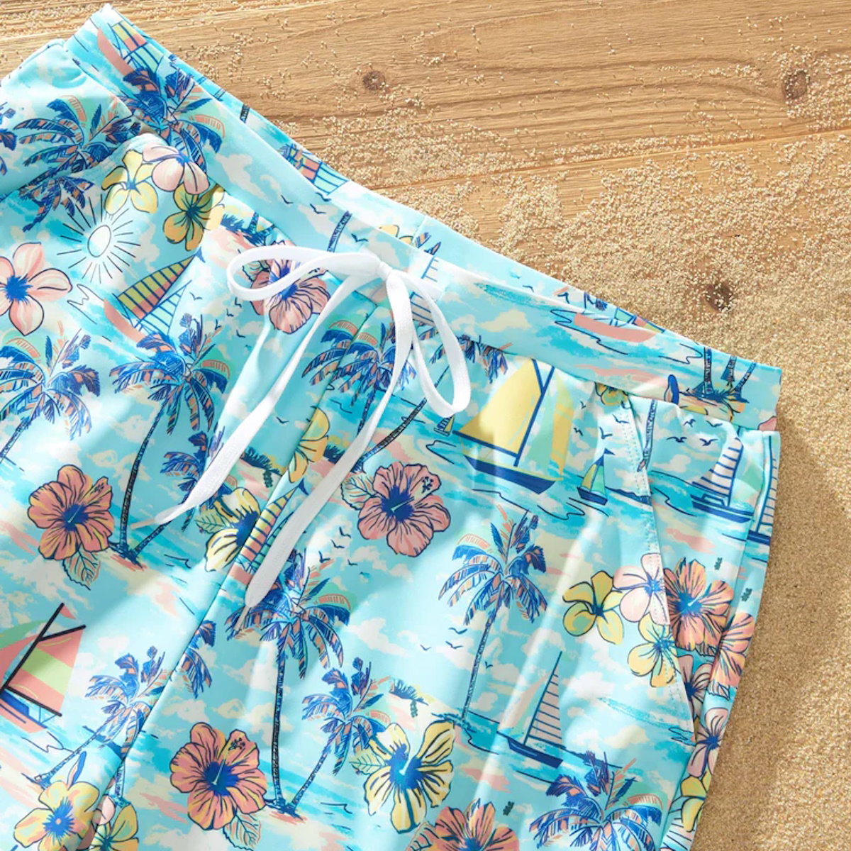 Flower Print Neck Tie Spaghetti Strap Two Pieces Matching Swimsuits and Drawstring Swim Trunks - ChildAngle