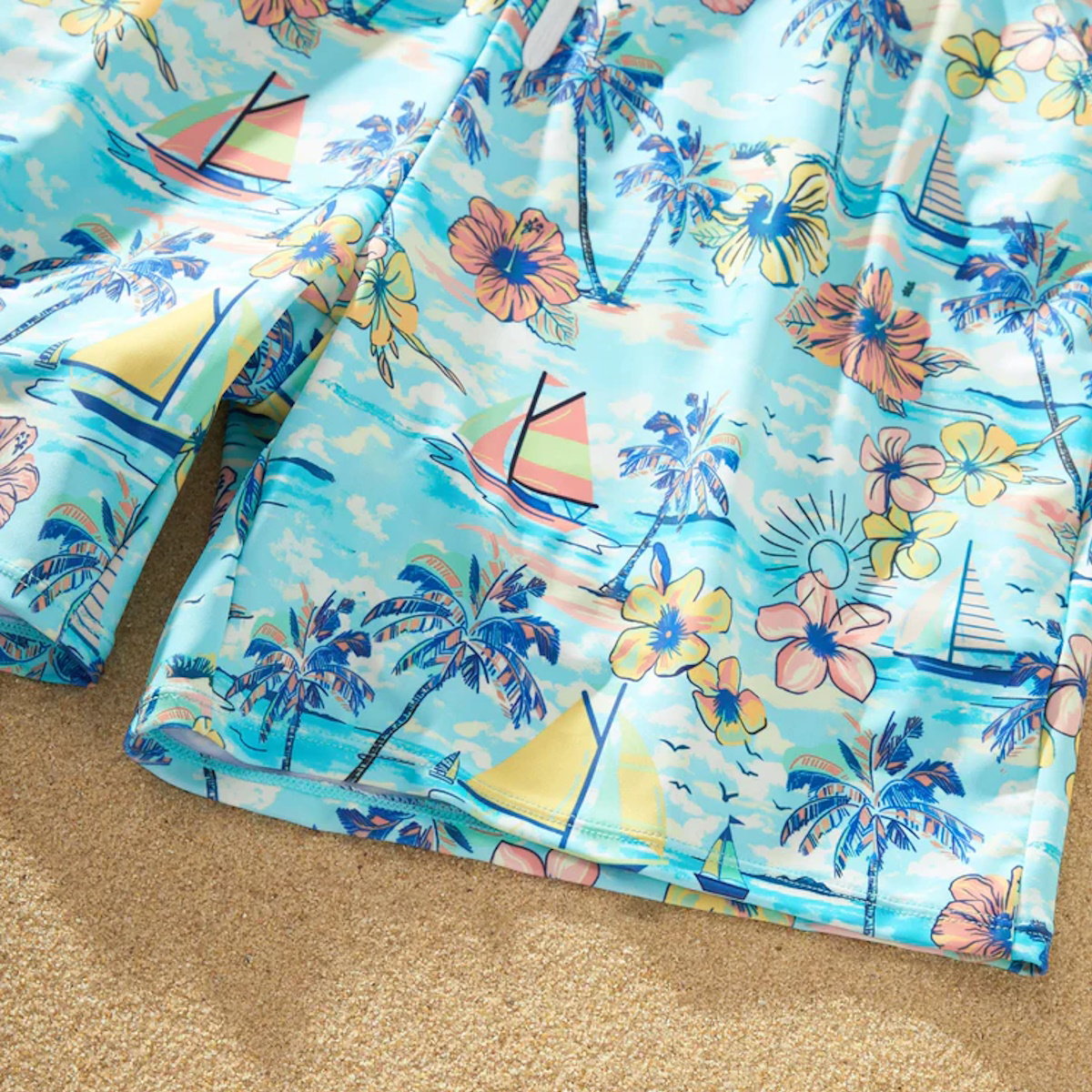 Flower Print Neck Tie Spaghetti Strap Two Pieces Matching Swimsuits and Drawstring Swim Trunks - ChildAngle