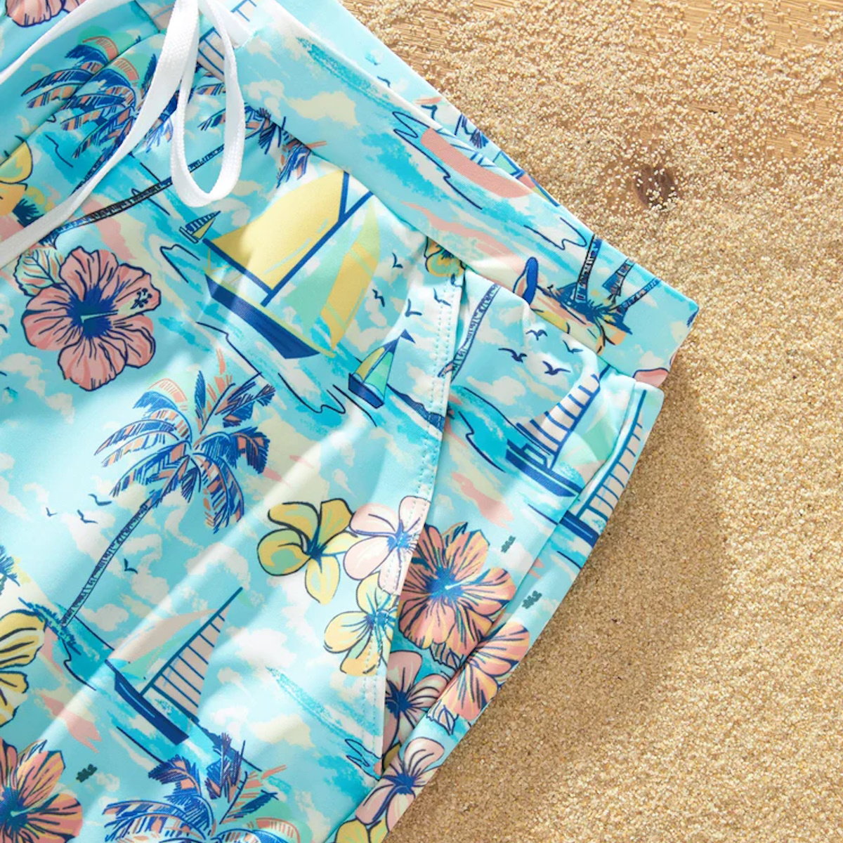 Flower Print Neck Tie Spaghetti Strap Two Pieces Matching Swimsuits and Drawstring Swim Trunks - ChildAngle