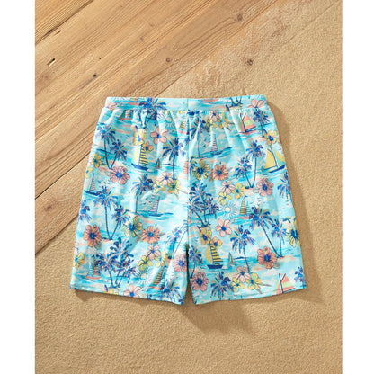 Flower Print Neck Tie Spaghetti Strap Two Pieces Matching Swimsuits and Drawstring Swim Trunks - ChildAngle