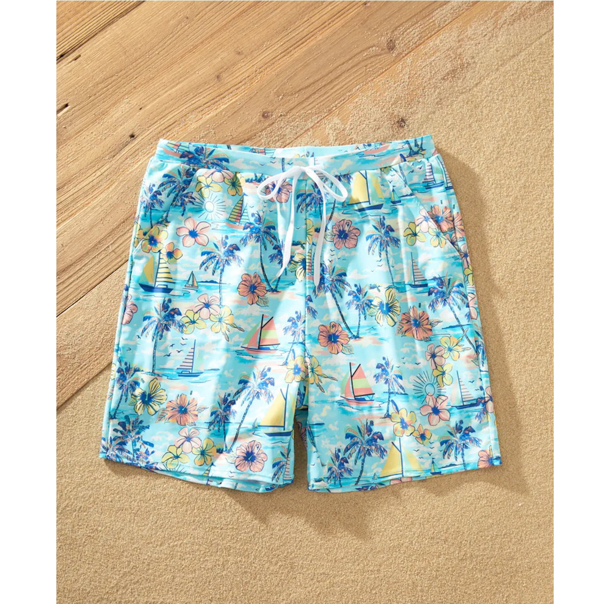 Flower Print Neck Tie Spaghetti Strap Two Pieces Matching Swimsuits and Drawstring Swim Trunks - ChildAngle