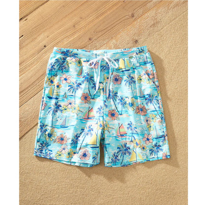 Flower Print Neck Tie Spaghetti Strap Two Pieces Matching Swimsuits and Drawstring Swim Trunks - ChildAngle