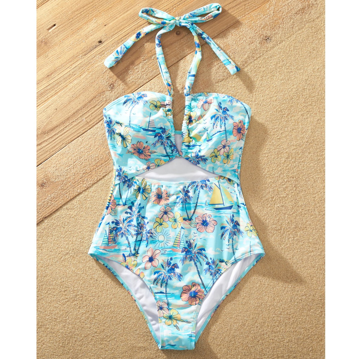 Flower Print Neck Tie Spaghetti Strap Two Pieces Matching Swimsuits and Drawstring Swim Trunks - ChildAngle
