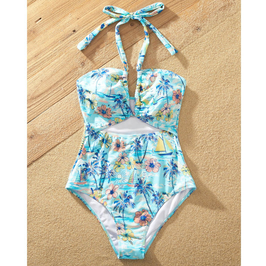 Flower Print Neck Tie Spaghetti Strap Two Pieces Matching Swimsuits and Drawstring Swim Trunks - ChildAngle